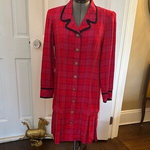 Vintage Dark Pink Plaid Dress Jacket Black Accents Gold Buttons Size 6